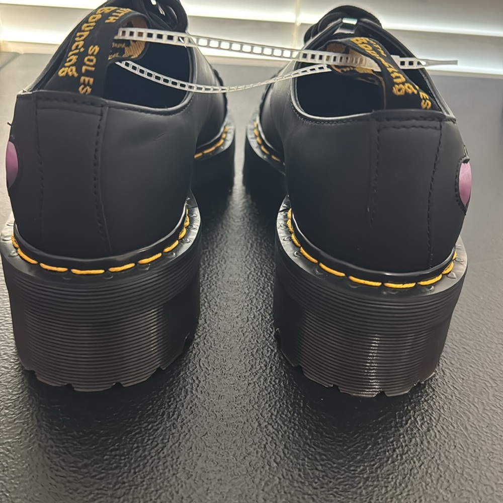 Dr. Martens Black Platform Oxfords with Pink Heart Accents - Picture 6 of 16